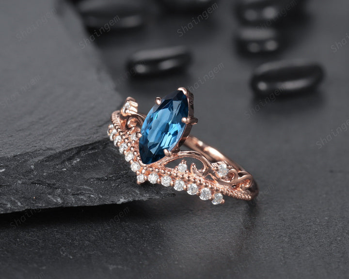 Vintage Marquise London Blue Topaz and Diamond Ring Unique Topaz Crown Wedding Promise Engagement Ring 14K Rose Gold /Silver Moissanite Ring - ShainJewelry