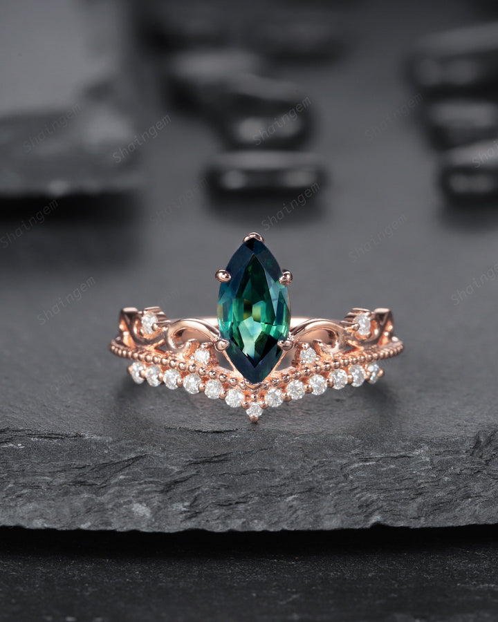 Vintage Marquise Natural Teal Sapphire and Diamond Ring, Sapphire Crown Wedding Promise Engagement Ring, 14K Rose Gold Sapphire Wedding Ring - ShainJewelry