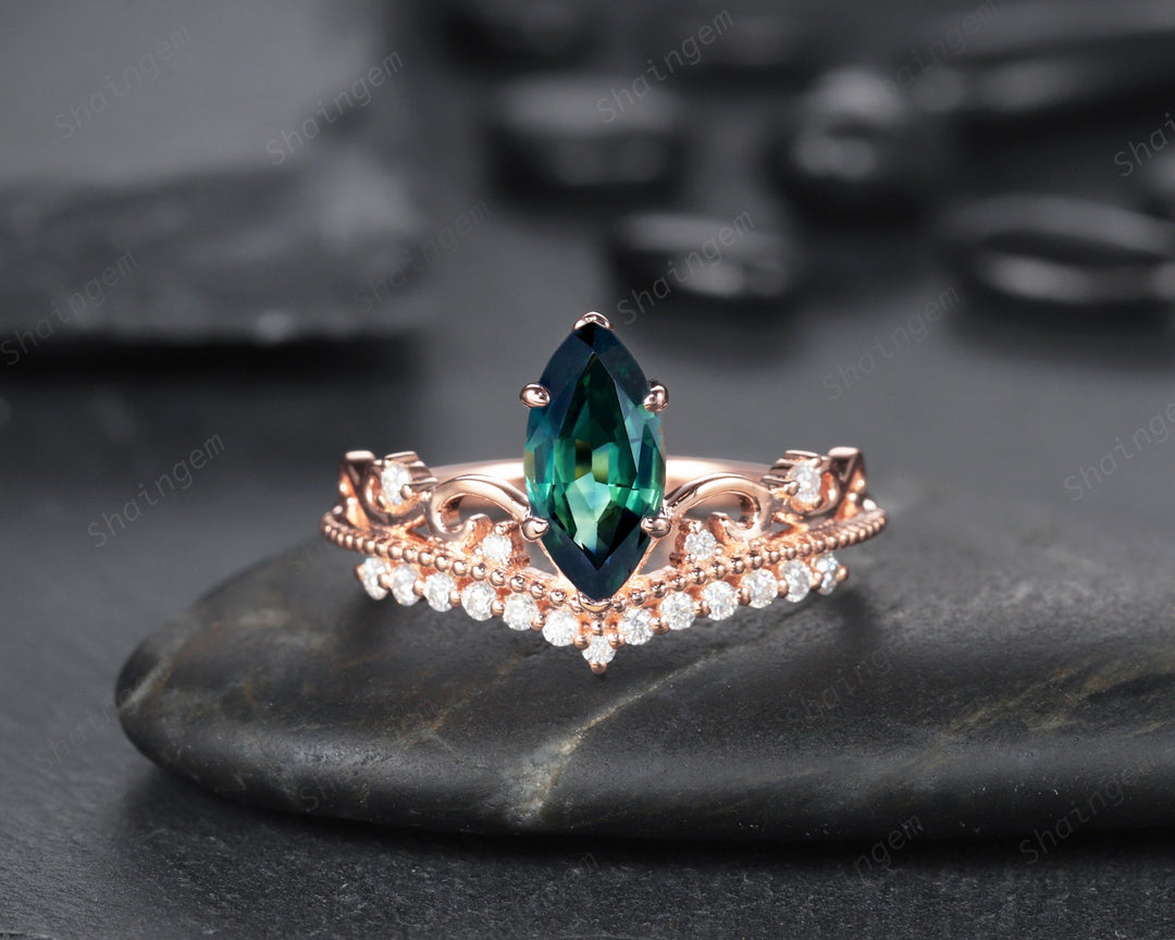 Vintage Marquise Natural Teal Sapphire and Diamond Ring, Sapphire Crown Wedding Promise Engagement Ring, 14K Rose Gold Sapphire Wedding Ring - ShainJewelry