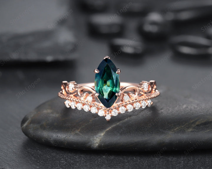 Vintage Marquise Natural Teal Sapphire and Diamond Ring, Sapphire Crown Wedding Promise Engagement Ring, 14K Rose Gold Sapphire Wedding Ring - ShainJewelry