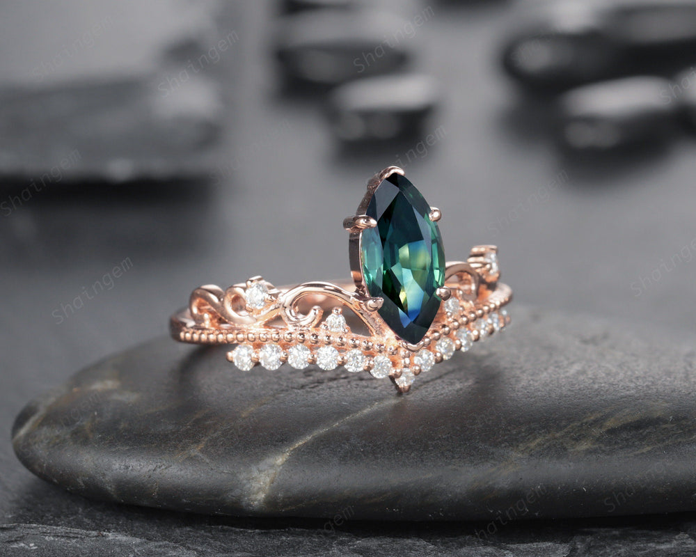 Vintage Marquise Natural Teal Sapphire and Diamond Ring, Sapphire Crown Wedding Promise Engagement Ring, 14K Rose Gold Sapphire Wedding Ring - ShainJewelry
