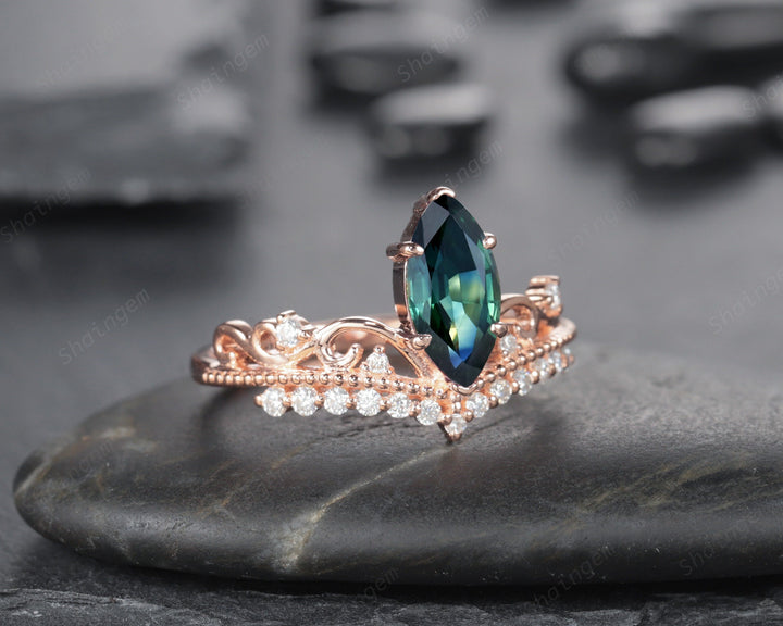 Vintage Marquise Natural Teal Sapphire and Diamond Ring, Sapphire Crown Wedding Promise Engagement Ring, 14K Rose Gold Sapphire Wedding Ring - ShainJewelry
