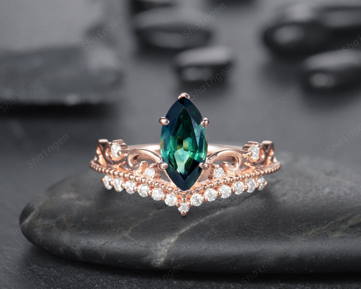 Vintage Marquise Natural Teal Sapphire and Diamond Ring, Sapphire Crown Wedding Promise Engagement Ring, 14K Rose Gold Sapphire Wedding Ring - ShainJewelry