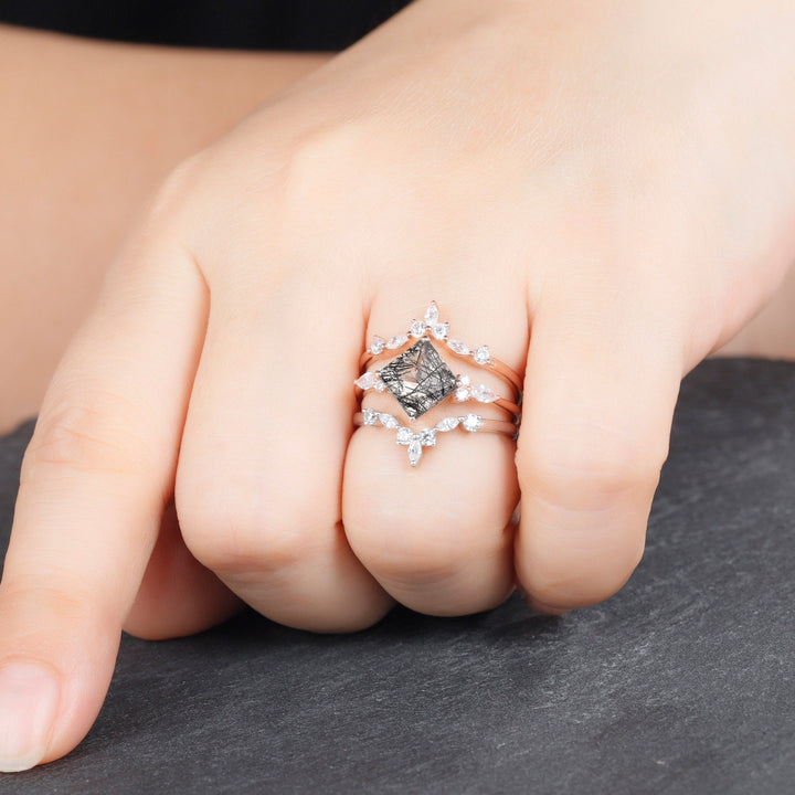 Princess Cut Black Rutilated Bridal Set, Ring Guard Spacer Engagement Ring Set, Dual Band Black Rutilated Wedding Set Rose Gold Promise Ring - ShainJewelry