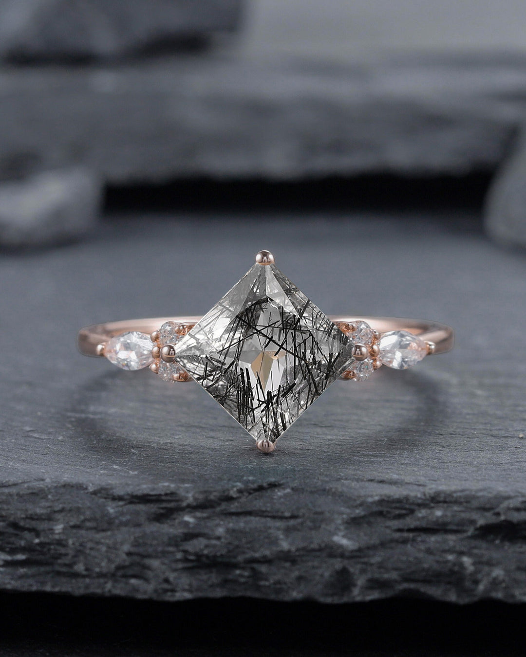 Princess Cut Black Rutilated Bridal Set, Ring Guard Spacer Engagement Ring Set, Dual Band Black Rutilated Wedding Set Rose Gold Promise Ring - ShainJewelry