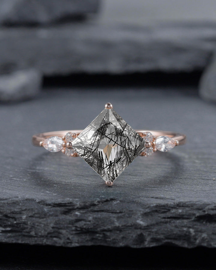 Princess Cut Black Rutilated Bridal Set, Ring Guard Spacer Engagement Ring Set, Dual Band Black Rutilated Wedding Set Rose Gold Promise Ring - ShainJewelry