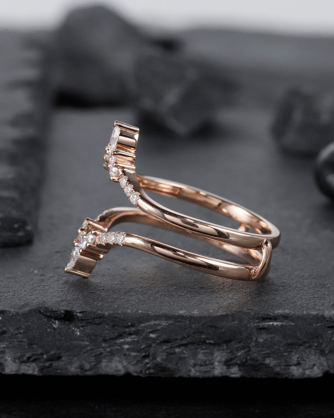 Princess Cut Black Rutilated Bridal Set, Ring Guard Spacer Engagement Ring Set, Dual Band Black Rutilated Wedding Set Rose Gold Promise Ring - ShainJewelry