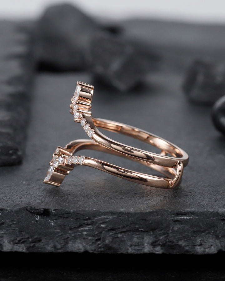 Princess Cut Black Rutilated Bridal Set, Ring Guard Spacer Engagement Ring Set, Dual Band Black Rutilated Wedding Set Rose Gold Promise Ring - ShainJewelry