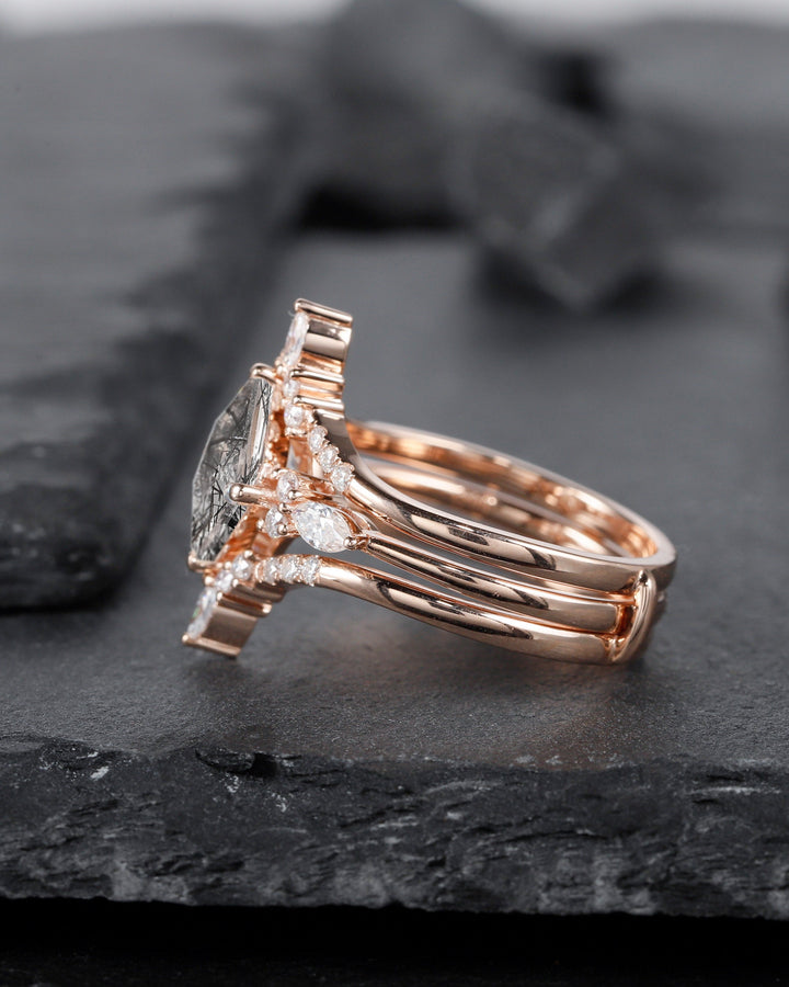 Princess Cut Black Rutilated Bridal Set, Ring Guard Spacer Engagement Ring Set, Dual Band Black Rutilated Wedding Set Rose Gold Promise Ring - ShainJewelry
