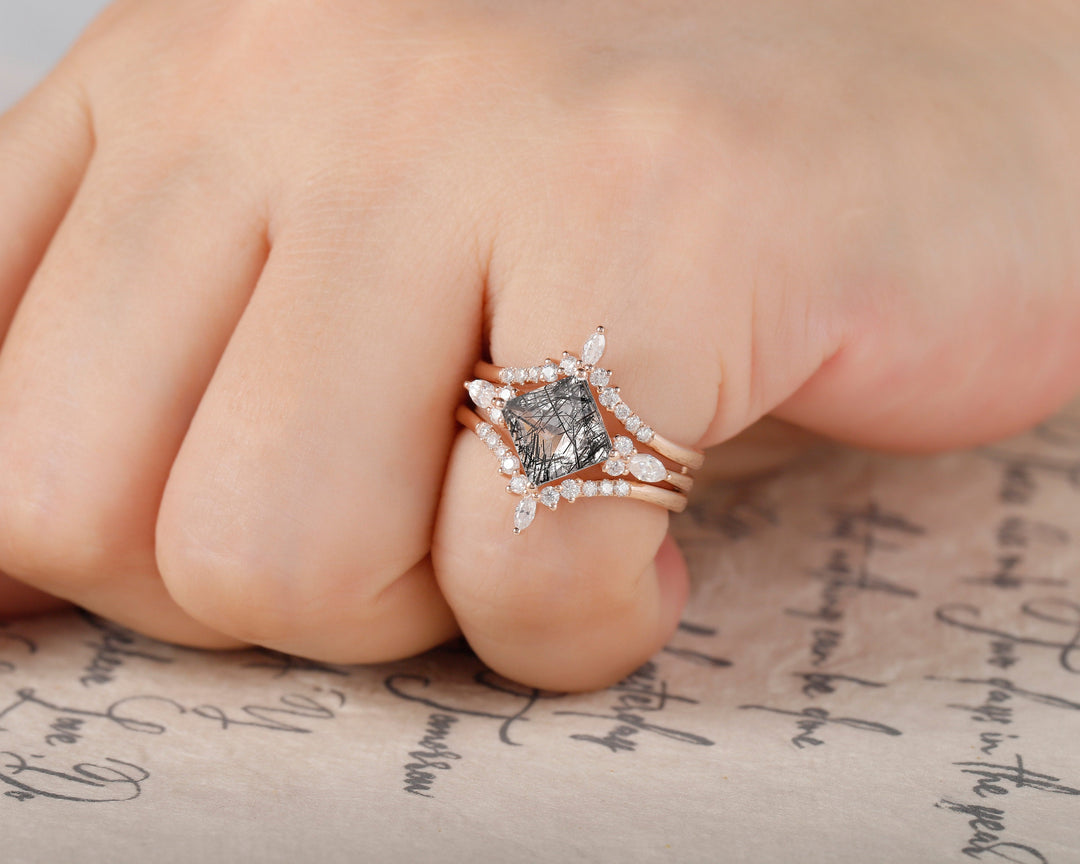 Princess Cut Black Rutilated Bridal Set, Ring Guard Spacer Engagement Ring Set, Dual Band Black Rutilated Wedding Set Rose Gold Promise Ring - ShainJewelry