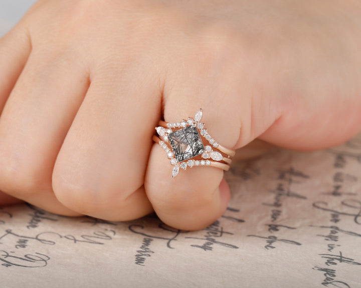 Princess Cut Black Rutilated Bridal Set, Ring Guard Spacer Engagement Ring Set, Dual Band Black Rutilated Wedding Set Rose Gold Promise Ring - ShainJewelry