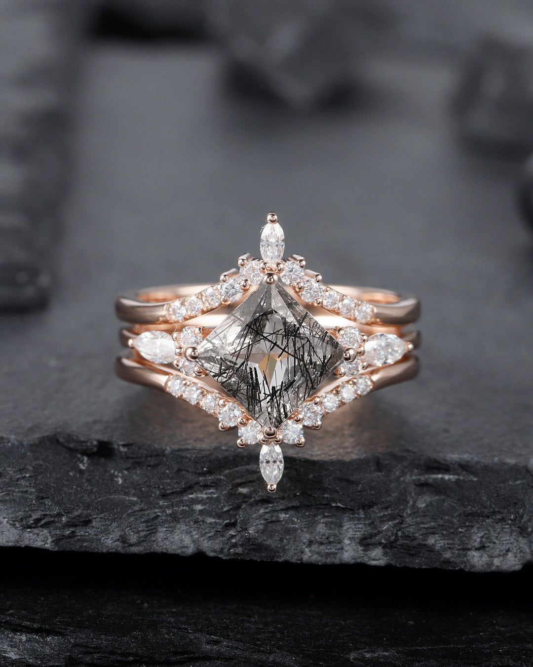 Princess Cut Black Rutilated Bridal Set, Ring Guard Spacer Engagement Ring Set, Dual Band Black Rutilated Wedding Set Rose Gold Promise Ring - ShainJewelry