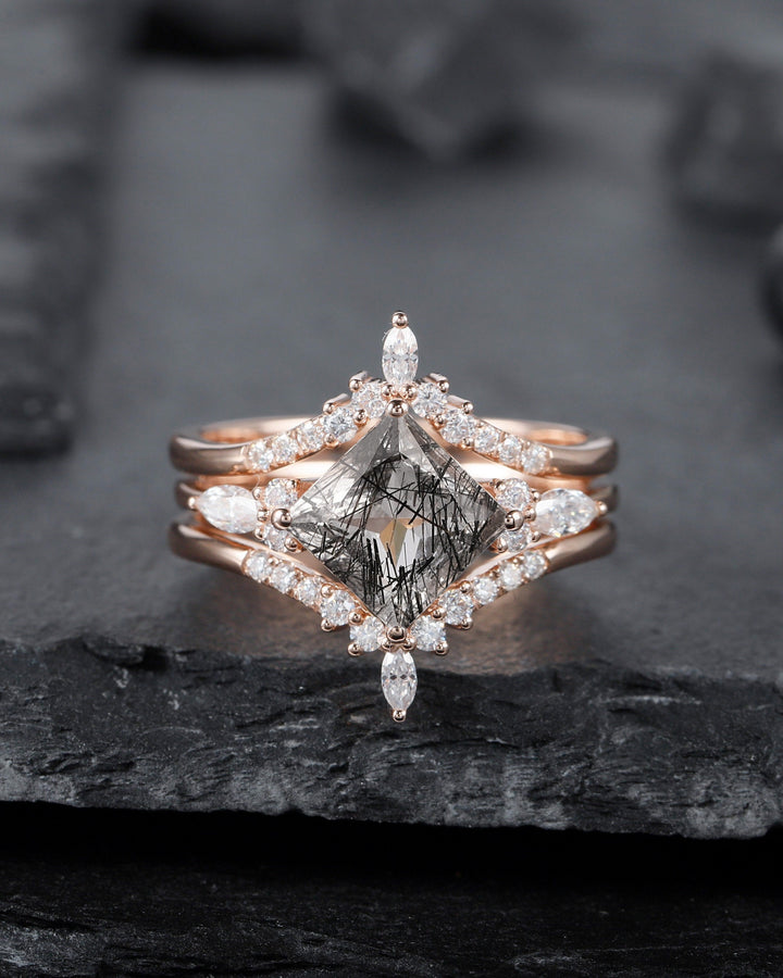 Princess Cut Black Rutilated Bridal Set, Ring Guard Spacer Engagement Ring Set, Dual Band Black Rutilated Wedding Set Rose Gold Promise Ring - ShainJewelry