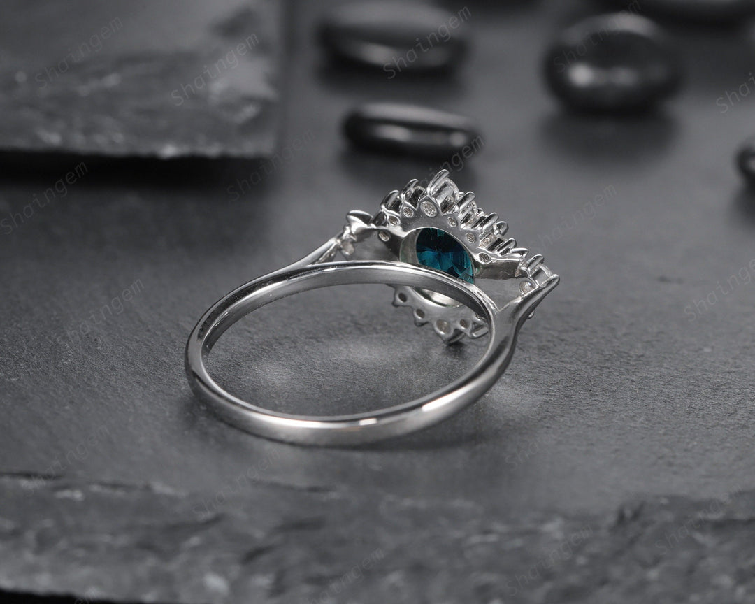 Vintage Natural Teal Sapphire and Diamond Engagement Ring, 14K 18K White Gold Sapphire Cluster Wedding Ring Round Sapphire Promise Halo Ring - ShainJewelry