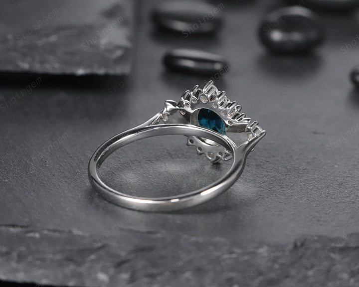 Vintage Natural Teal Sapphire and Diamond Engagement Ring, 14K 18K White Gold Sapphire Cluster Wedding Ring Round Sapphire Promise Halo Ring - ShainJewelry