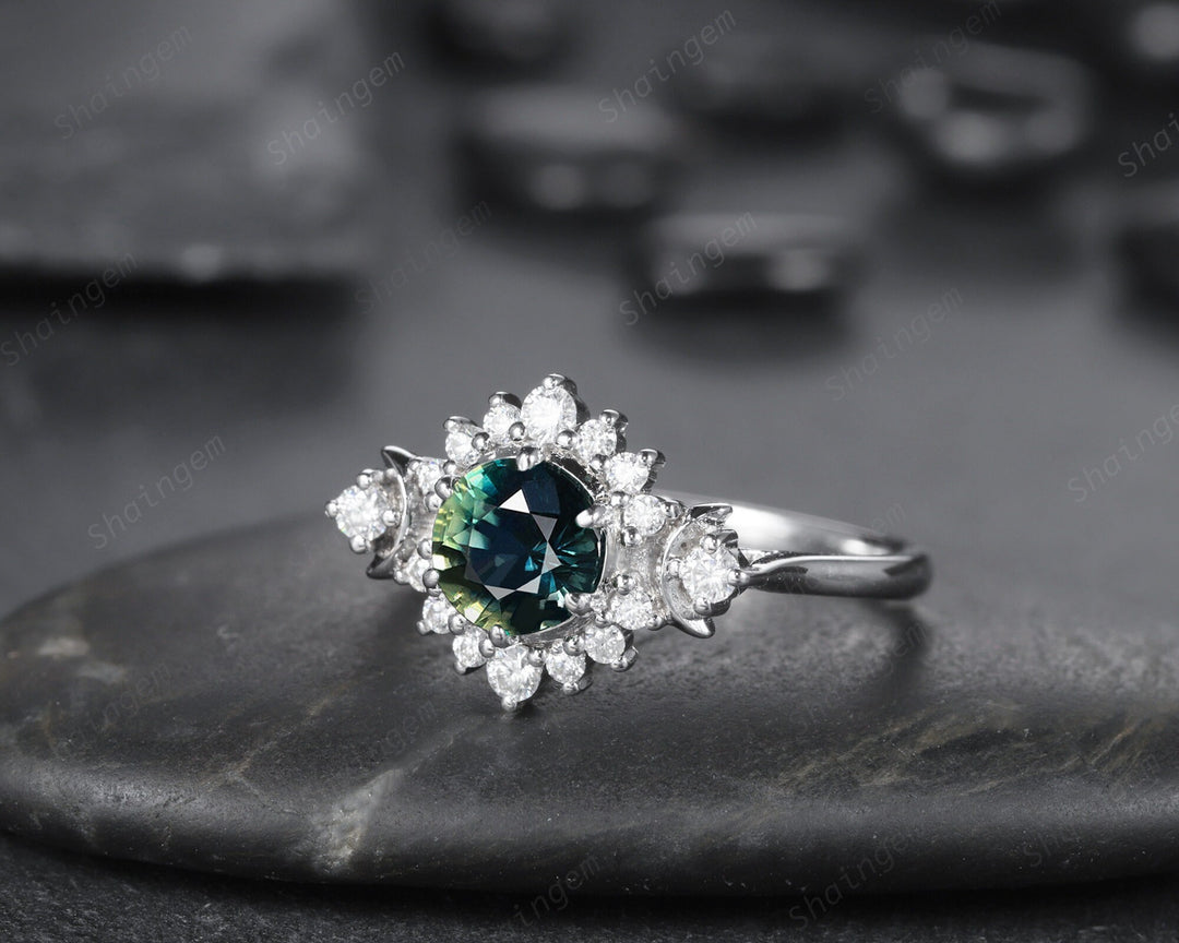 Vintage Natural Teal Sapphire and Diamond Engagement Ring, 14K 18K White Gold Sapphire Cluster Wedding Ring Round Sapphire Promise Halo Ring - ShainJewelry