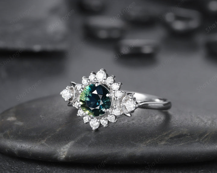Vintage Natural Teal Sapphire and Diamond Engagement Ring, 14K 18K White Gold Sapphire Cluster Wedding Ring Round Sapphire Promise Halo Ring - ShainJewelry
