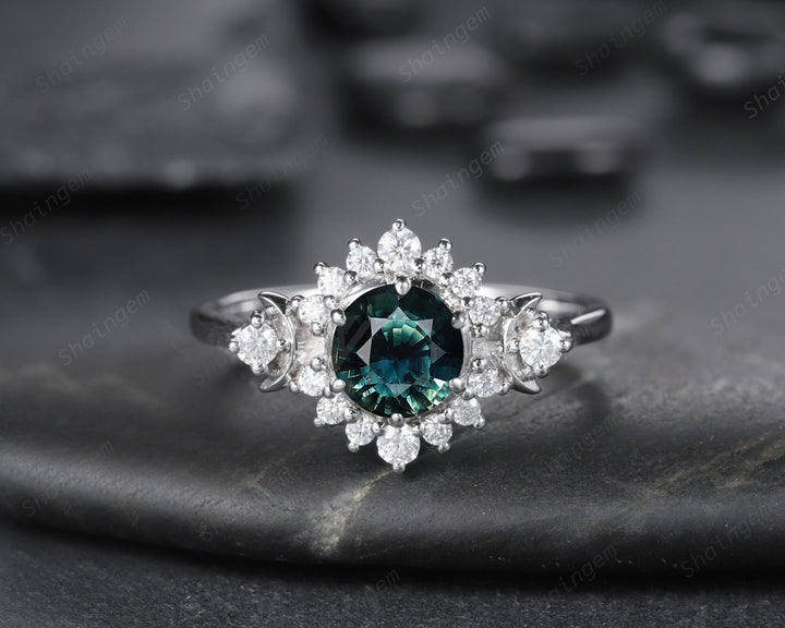 Vintage Natural Teal Sapphire and Diamond Engagement Ring, 14K 18K White Gold Sapphire Cluster Wedding Ring Round Sapphire Promise Halo Ring - ShainJewelry