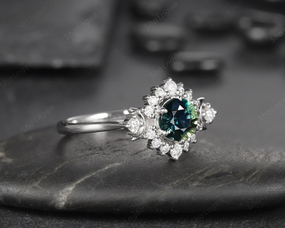 Vintage Natural Teal Sapphire and Diamond Engagement Ring, 14K 18K White Gold Sapphire Cluster Wedding Ring Round Sapphire Promise Halo Ring - ShainJewelry