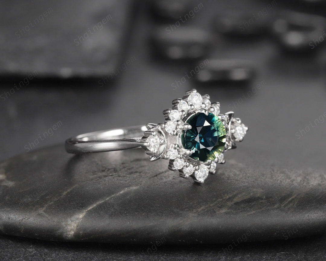 Vintage Natural Teal Sapphire and Diamond Engagement Ring, 14K 18K White Gold Sapphire Cluster Wedding Ring Round Sapphire Promise Halo Ring - ShainJewelry