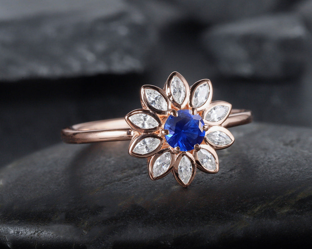 Vintage Sunflower Natural Royal Blue Sapphire Engagement Ring, Rose Gold Bezel Setting Wedding Ring, Marquise Moissanite Accent Promise Ring - ShainJewelry