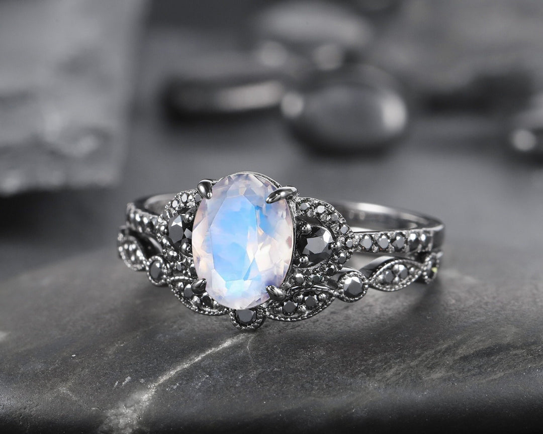 Vintage Oval Natural Moonstone Engagement Ring Set, Black Gold Vermeil and Moonstone Promise Ring Set Rhodium Black Moissanite Bridal Set - ShainJewelry