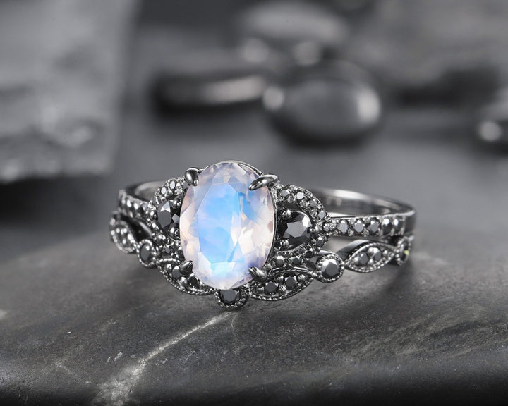 Vintage Oval Natural Moonstone Engagement Ring Set, Black Gold Vermeil and Moonstone Promise Ring Set Rhodium Black Moissanite Bridal Set - ShainJewelry