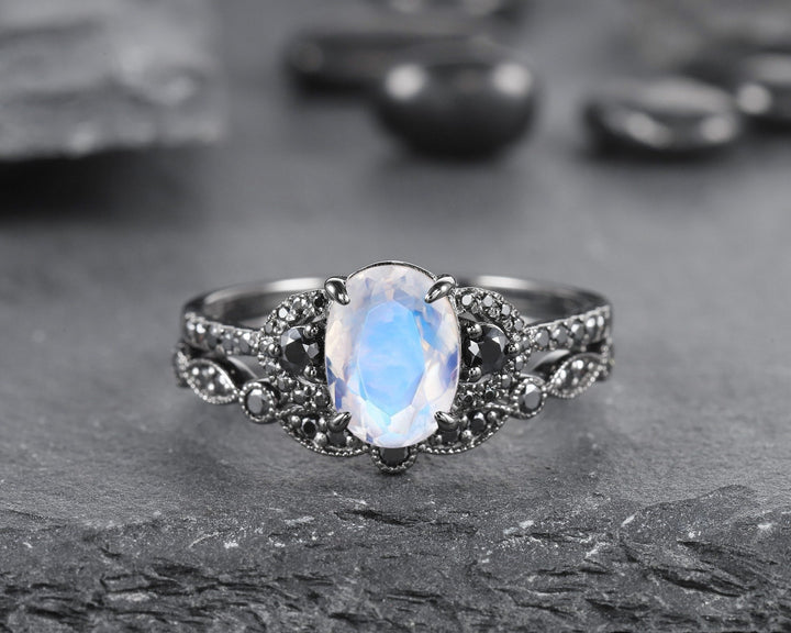 Vintage Oval Natural Moonstone Engagement Ring Set, Black Gold Vermeil and Moonstone Promise Ring Set Rhodium Black Moissanite Bridal Set - ShainJewelry