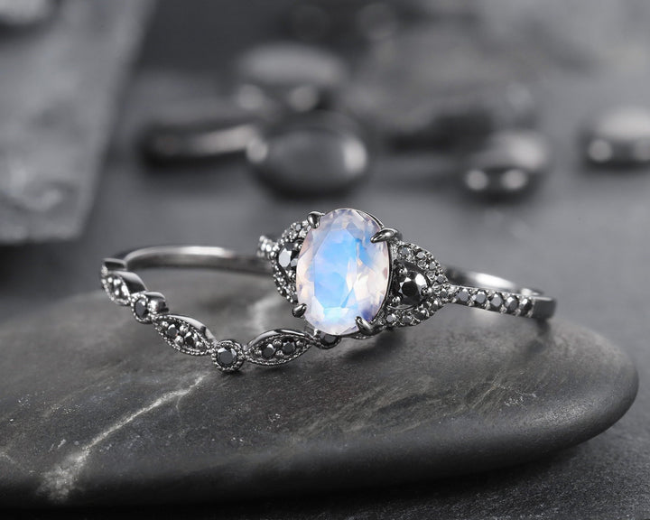 Vintage Oval Natural Moonstone Engagement Ring Set, Black Gold Vermeil and Moonstone Promise Ring Set Rhodium Black Moissanite Bridal Set - ShainJewelry