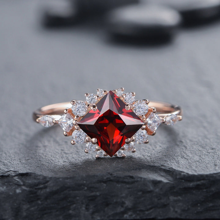 Vintage Princess Natural Garnet Engagement Ring 14k Rose Gold Cluster Moissanite Wedding Ring Unique January Birthstone Promise Ring for Her - ShainJewelry