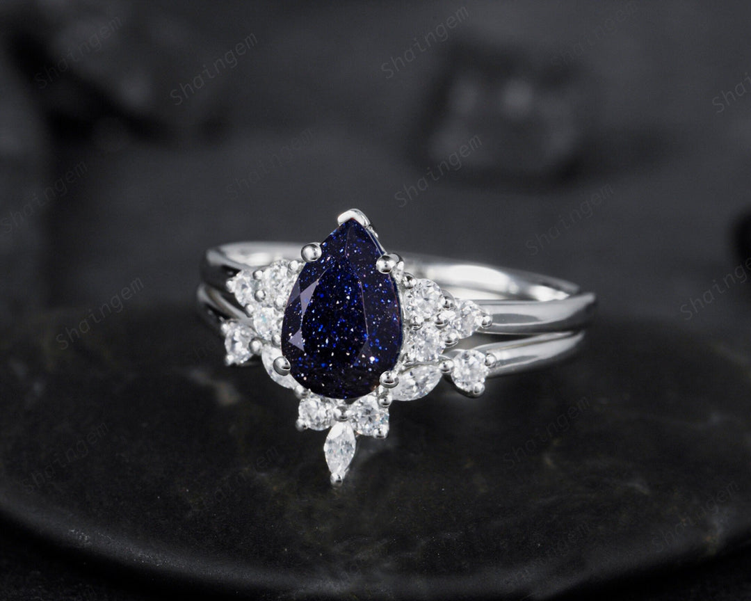 Vintage Pear Cut Blue Sandstone Wedding Ring Set, Unique Starry Galaxy Stone 14K White Gold Silver Engagement Ring Set Bridal Set Ring Gift - ShainJewelry