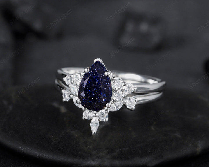 Vintage Pear Cut Blue Sandstone Wedding Ring Set, Unique Starry Galaxy Stone 14K White Gold Silver Engagement Ring Set Bridal Set Ring Gift - ShainJewelry