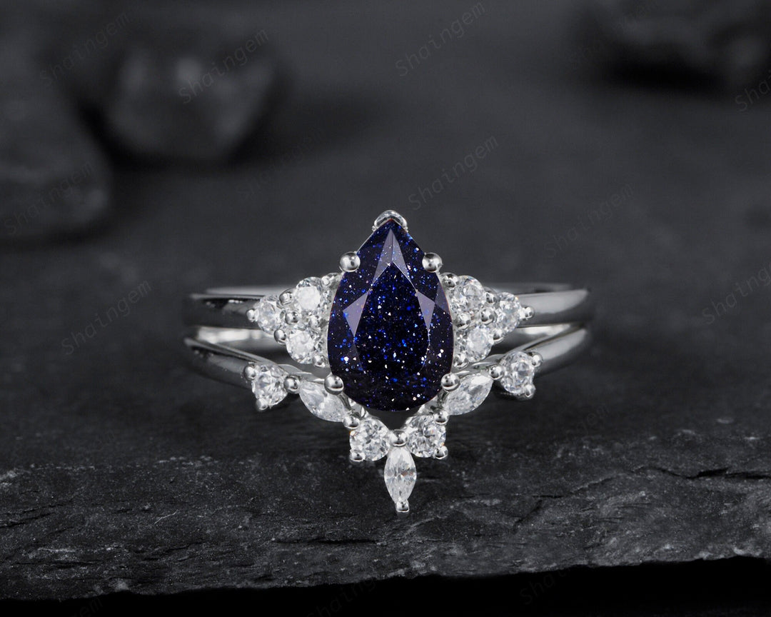 Vintage Pear Cut Blue Sandstone Wedding Ring Set, Unique Starry Galaxy Stone 14K White Gold Silver Engagement Ring Set Bridal Set Ring Gift - ShainJewelry
