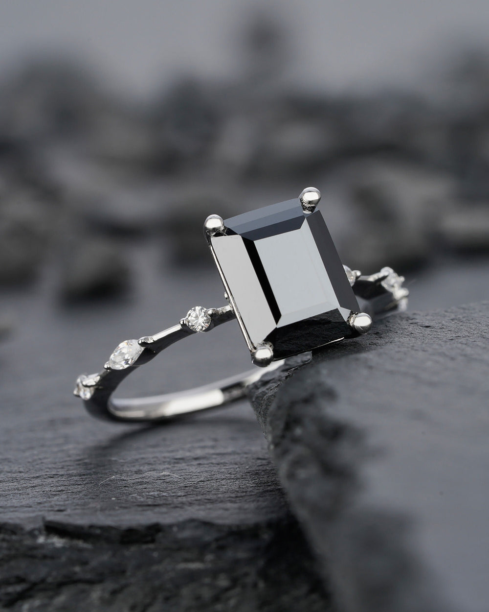 Vintage 3 Carat Black Moissanite Engagement Ring, 14k Rose Gold /Silver 925 Moissanite Wedding Ring, Emerald Cut Moissanite Promise Ring - ShainJewelry