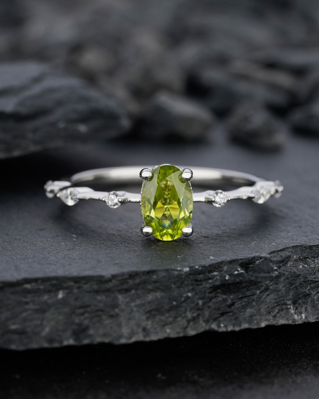 Unique Natural Peridot Engagement Halo Ring, Oval Peridot Wedding Ring, Green August Birthstone Promise Ring, White Gold Anniversary Ring - ShainJewelry