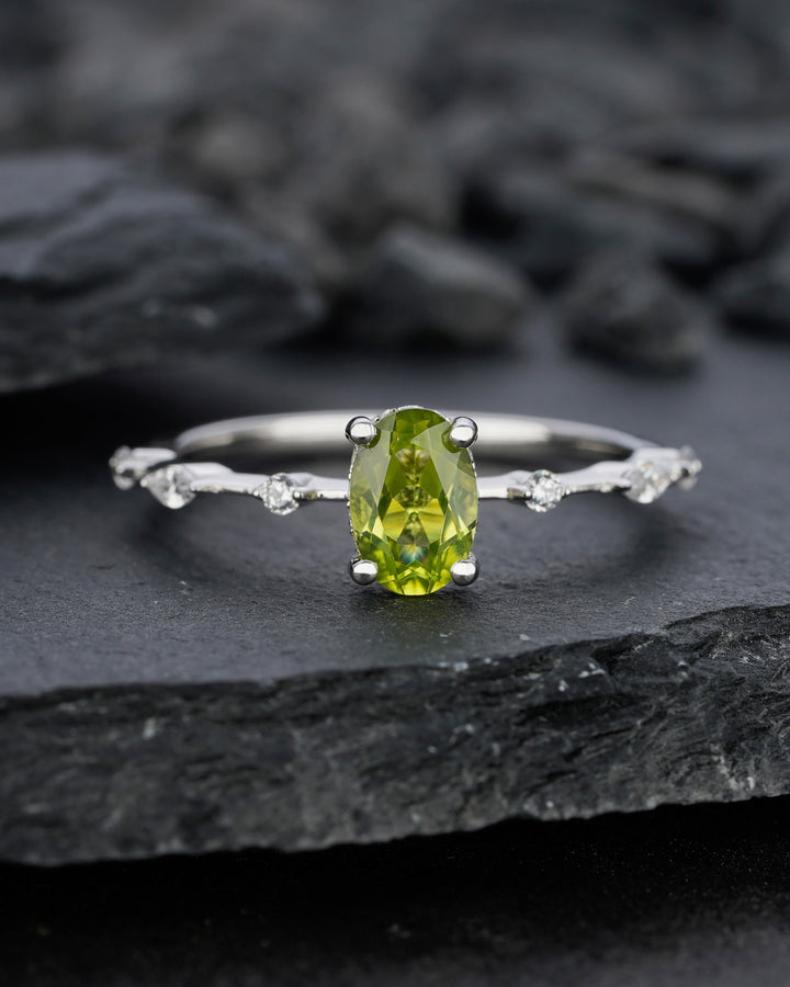 Unique Natural Peridot Engagement Halo Ring, Oval Peridot Wedding Ring, Green August Birthstone Promise Ring, White Gold Anniversary Ring - ShainJewelry