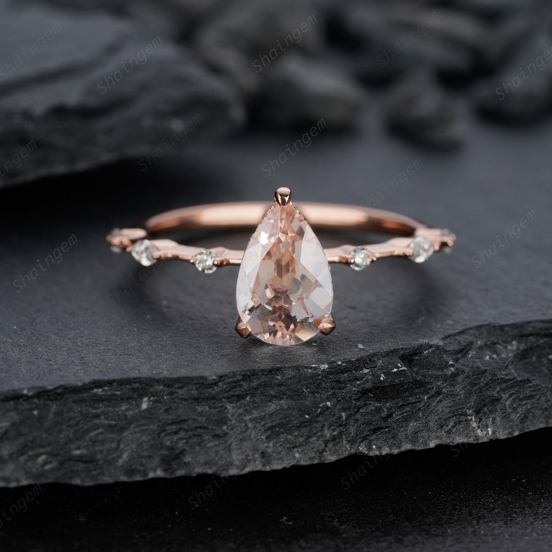 Pear Cut Pink Morganite Engagement Ring, Unique 14K Rose Gold Teardrop Morganite Wedding Ring, Natural Morganite Hidden Halo Promise Ring - ShainJewelry
