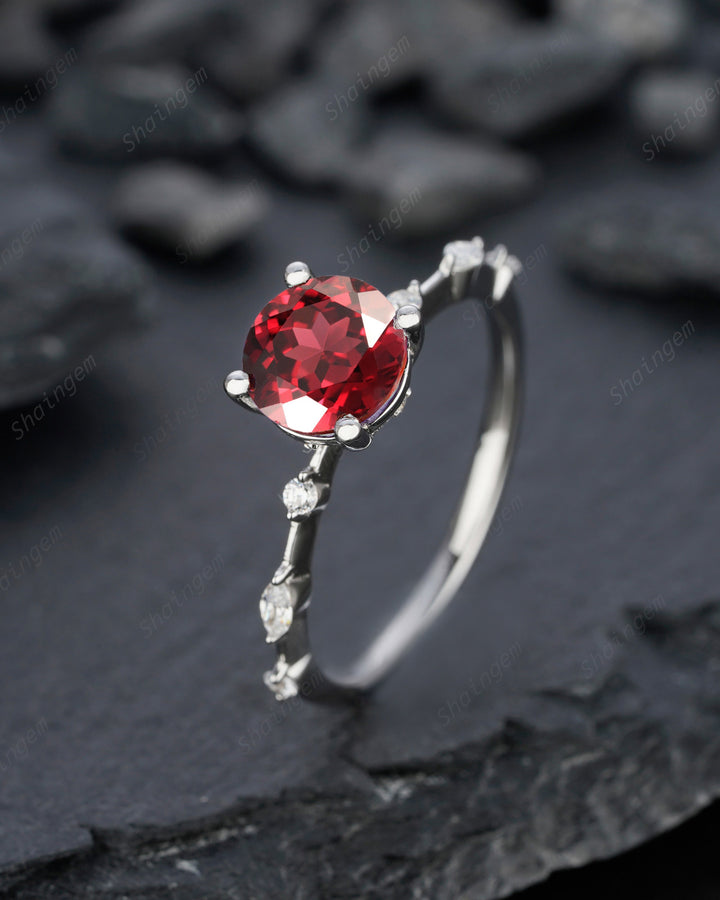 Unique Round Red Garnet Engagement Ring, Vintage January Birthstone Sterling Silver 14K Rose Gold Garnet Wedding Promise Ring Gift For Her - ShainJewelry