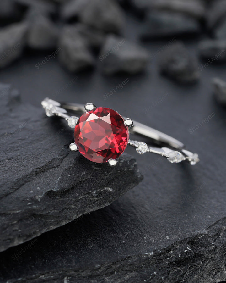 Unique Round Red Garnet Engagement Ring, Vintage January Birthstone Sterling Silver 14K Rose Gold Garnet Wedding Promise Ring Gift For Her - ShainJewelry