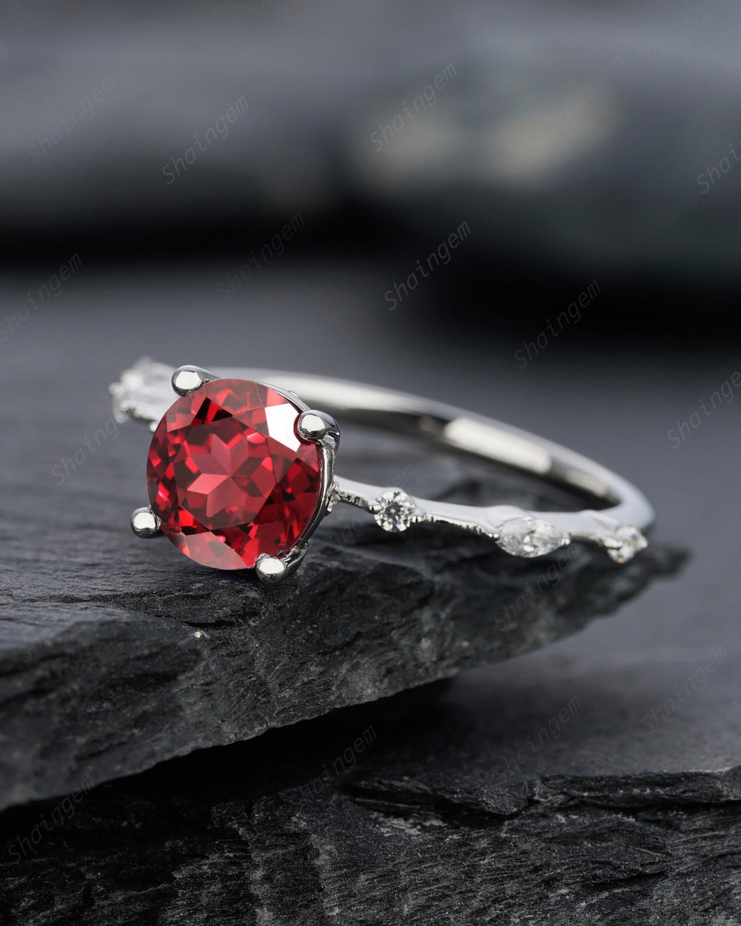 Unique Round Red Garnet Engagement Ring, Vintage January Birthstone Sterling Silver 14K Rose Gold Garnet Wedding Promise Ring Gift For Her - ShainJewelry