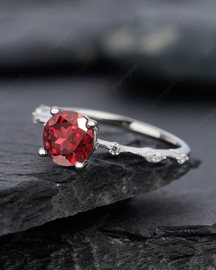 Unique Round Red Garnet Engagement Ring, Vintage January Birthstone Sterling Silver 14K Rose Gold Garnet Wedding Promise Ring Gift For Her - ShainJewelry