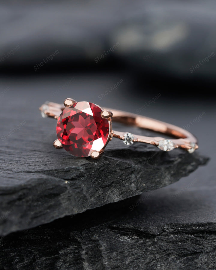 Unique Round Red Garnet Engagement Ring, Vintage January Birthstone Sterling Silver 14K Rose Gold Garnet Wedding Promise Ring Gift For Her - ShainJewelry