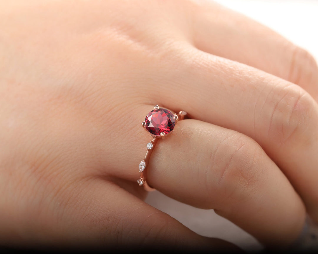 Unique Round Red Garnet Engagement Ring, Vintage January Birthstone Sterling Silver 14K Rose Gold Garnet Wedding Promise Ring Gift For Her - ShainJewelry
