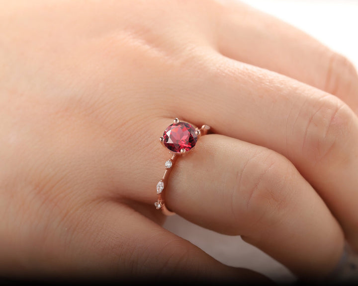 Unique Round Red Garnet Engagement Ring, Vintage January Birthstone Sterling Silver 14K Rose Gold Garnet Wedding Promise Ring Gift For Her - ShainJewelry