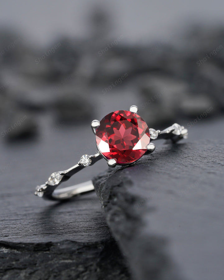 Unique Round Red Garnet Engagement Ring, Vintage January Birthstone Sterling Silver 14K Rose Gold Garnet Wedding Promise Ring Gift For Her - ShainJewelry