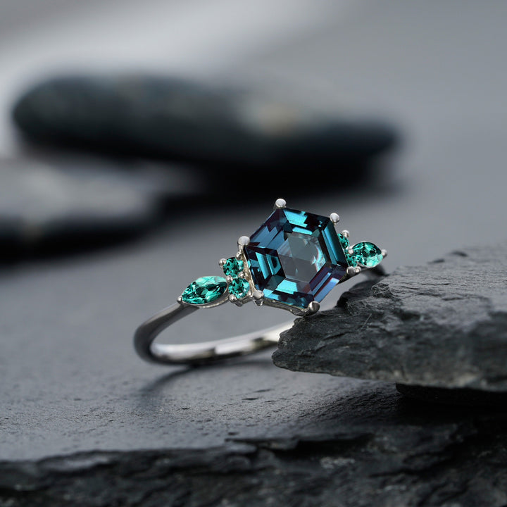 Vintage Hexagon Alexandrite and Emerald Engagement Ring Unique White Gold Wedding Ring June Birthstone Anniversary Promise Ring Gift for her - ShainJewelry