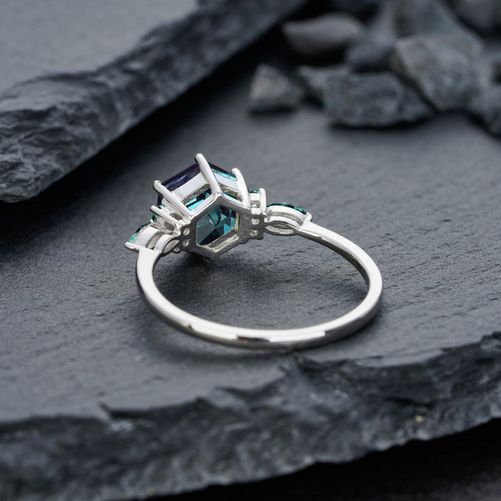 Vintage Hexagon Alexandrite and Emerald Engagement Ring Unique White Gold Wedding Ring June Birthstone Anniversary Promise Ring Gift for her - ShainJewelry
