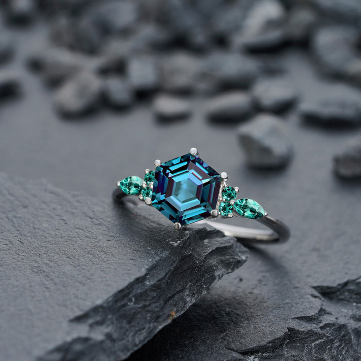Vintage Hexagon Alexandrite and Emerald Engagement Ring Unique White Gold Wedding Ring June Birthstone Anniversary Promise Ring Gift for her - ShainJewelry