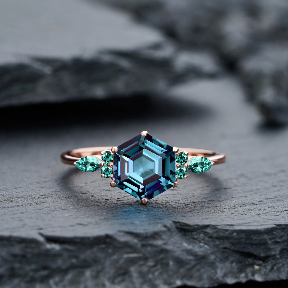 Vintage Hexagon Alexandrite and Emerald Engagement Ring Unique White Gold Wedding Ring June Birthstone Anniversary Promise Ring Gift for her - ShainJewelry