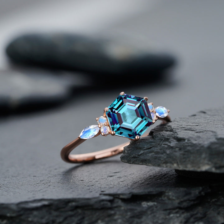 Vintage Hexagon Alexandrite and Marquise Moonstone Engagement Ring, Unique Rose Gold Alexandrite Wedding Ring, Anniversary Promise Ring Gift - ShainJewelry